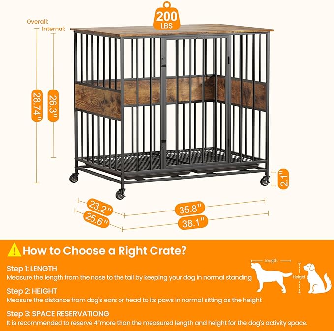 Dog Crate Furniture for Medium Dogs, 38 Inch Indoor Medium Kennel, Wooden Pet Cage Decorative Corner End Table with Caster Wheels & Double Removable Tray, Rustic Brown
