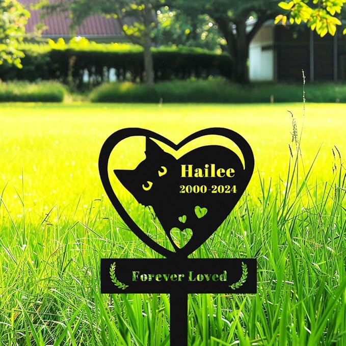 Personalized Cat Memorial Grave Marker Cross Stake, Custom Metal Engraved Sign, Heart Style