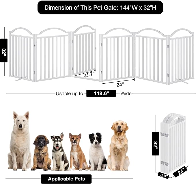 UDD Metal Folding Dog Gate Indoor 144" Extra Wide, 32" Tall Foldable Pet Gate with Door for Stairs Doorways Hallways Porch, Freestanding No Drilling Pet Fence for Dogs Puppy, White 6-Panel