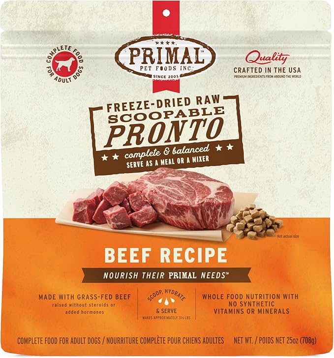 Primal Freeze Dried Dog Food, Pronto Mini Nuggets, Beef; Scoop & Serve, Complete & Balanced Meal; Also Use as Topper or Treat; Premium, Healthy, Grain Free High Protein Raw Dog Food (25 oz)