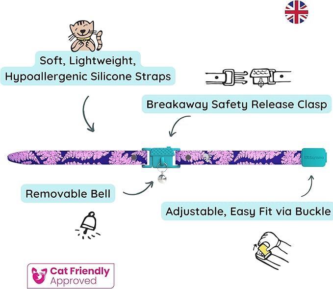 Kittyrama Botanicals Fern Cat Collar. Award Winning. Hypoallergenic, Quick Release Breakaway, Comfy & Soft. Vet Approved. Other Styles Available