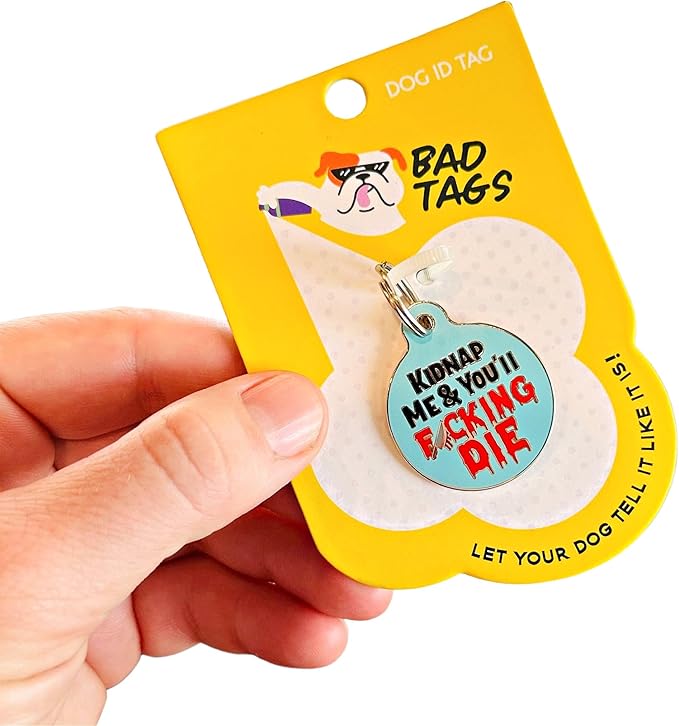 Personalized QR Code Dog Tags - Choose from 25+ Tag Designs - QR Code Links to Your Profile - Unique, Cute, Funny, Sassy Pet ID Tag (Kidnap Me & You'll F*cking Die, Large (1.25 inch))