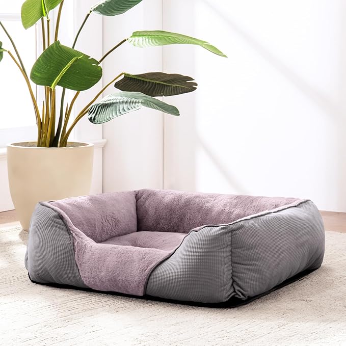 MIXJOY Dog Beds for Large Dogs, Big Dog Bed Large Size Dog Washable, Orthopedic Calming Soft Pet Beds Cuddler, Rectangle Sleeping Rabbit-Velvet Cozy Puppy Bed with Anti-Slip Bottom (35x25in, Grey)