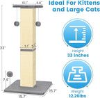 Cat Scratching Post 33'' Cat Scratching Posts for Indoor Cats Adults, Nature Sisal Tall Cat Scratch Post, Sisal Cat Scratcher Improve Cat's Scratching Habits and Protect Your Furniture, Grey