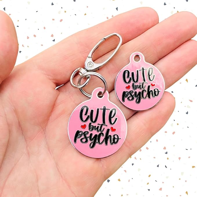 Personalized QR Code Dog Tags - Choose from 25+ Tag Designs - QR Code Links to Your Profile - Unique, Cute, Funny, Sassy Pet ID Tag (Cute But Psycho, Large (1.25 inch))