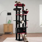 Heybly Tall Cat Tree, 78-inch Multi-Level Cat Tower for Indoor Cats, 2 Widened Plush Perches Cat Condo with Scratching Board and Big Caves, Black and Red HCT033BR
