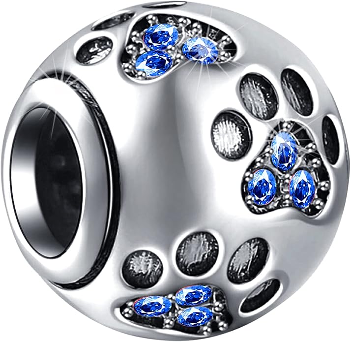 EMOSTAR Dog Paw Print Charms with Various Birthstone Crystals, 925 Sterling Silver Pawprint Beads for 3mm Snake Chain, Pet Lover Gifts for European Women Bracelet