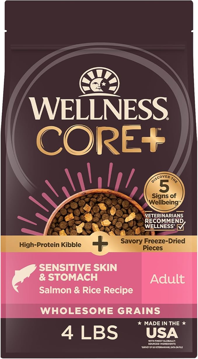 Wellness CORE+ Sensitive Skin & Stomach Dry Dog Food with Freeze Dried Pieces, Wholesome Grains, High Protein, Natural, Salmon & Rice Recipe, (4-Pound Bag)