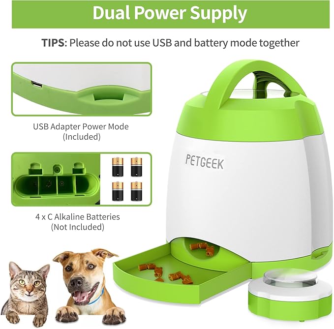 PETGEEK Automatic Dog Treat Dispenser with Button - Puzzle Memory Training Feeder, Pet Geek Button Treat Food Dispensing Toys Interactive, Iq Training Dog Feeder (Green)