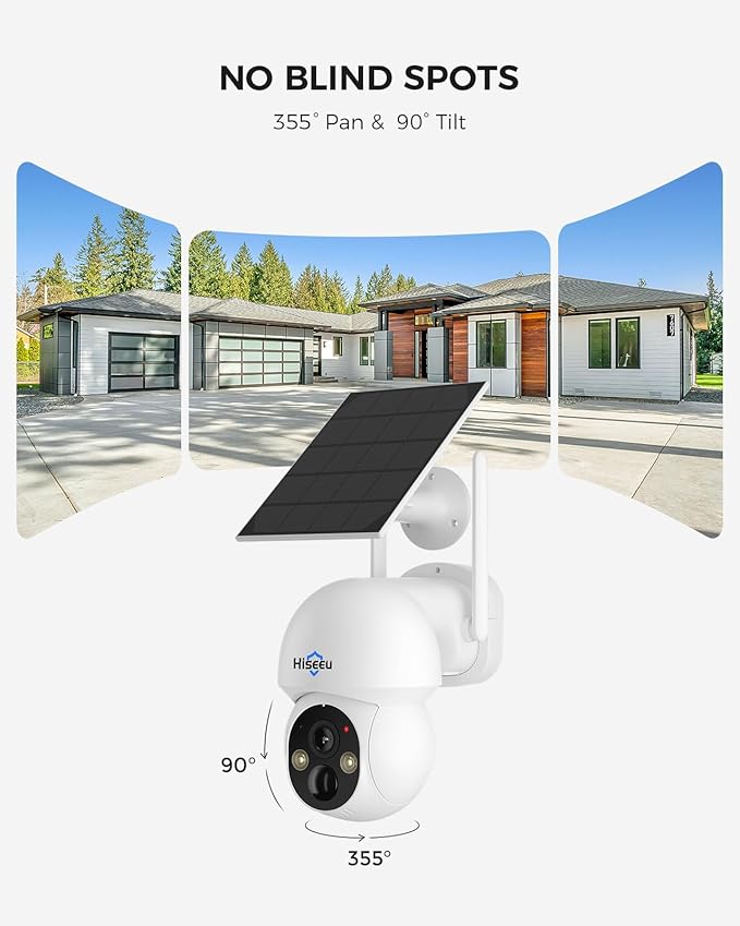Hiseeu Solar Wireless Security Camera Outdoor, 2.4G & 5G WiFi,Color Night Vision, 360° View, Pan & Tilt, 100% Wire-Free Add on Cam Compatible with 100% Wireless Home Security Camera System