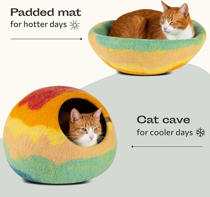 MEOWFIA Cat Cave – Premium Felt Cat Bed for Indoor Cats, Handmade 100% Merino Wool (Vivid Shades) (Medium, Tucson Sunset)