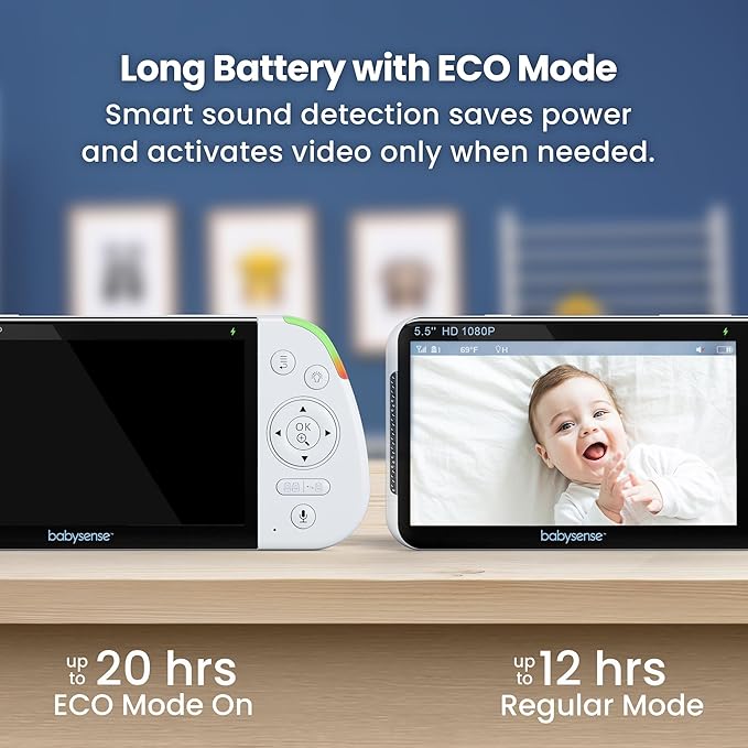 Babysense Full HD 5.5" Split Screen Baby Monitor with 2 Cameras, 6-Color Night Light, White Noise, Sound & Light Machine, 20-Hour Battery, Hack-Proof Non-WiFi Secure Connection