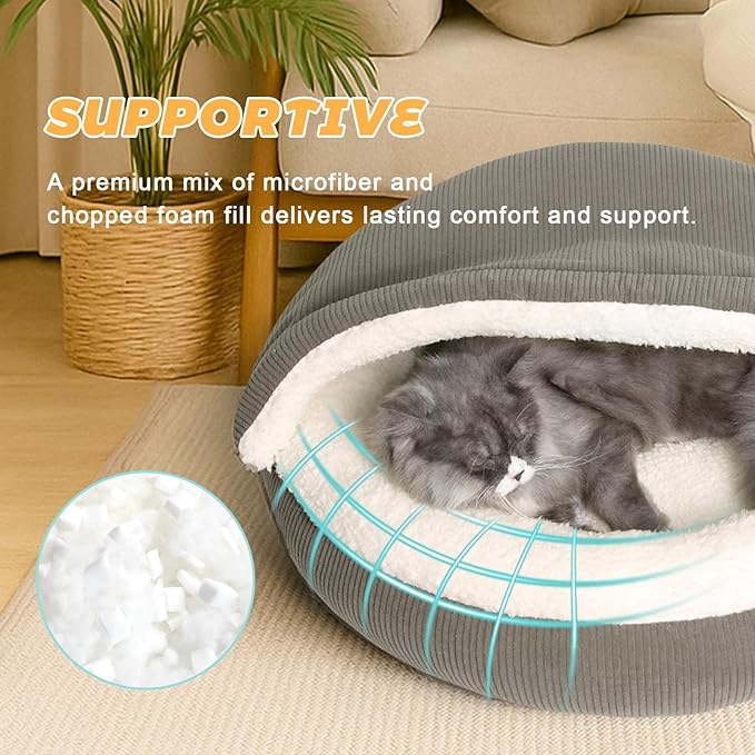 23" Covered Cat Bed Cave for Indoor Cats and Small Dogs - Enclosed Cozy Pet Bed with Hooded Roof for Added Security & Warmth, Washable & Removable Cushion, Anti-Slip Bottom Cat House, Gray