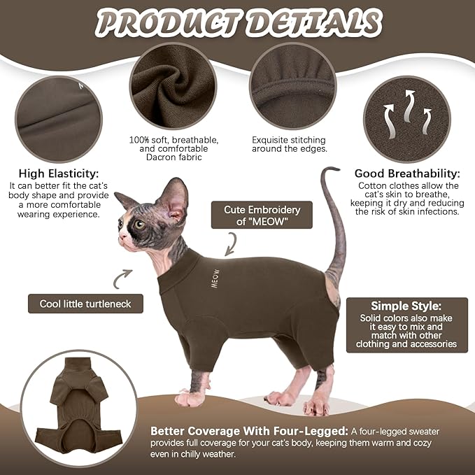 ROZKITCH Hairless Cat Sweaters, Breathable Soft Pet Jumpers for Cats Only, Coat with Four Legs, Warm Sweater T-Shirt Pajamas Jumpsuit Vest Cornish Rex Devon Rex Peterbald Coffee XL