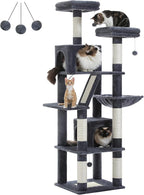 PAWZ Road 70 Inch Cat Tower, Tall Cat Tree with 2 Cozy Condos, 2 Plush Perch, Large Basket, 2 Scraching Pad & 6 Scraching Posts for Indoor Cats Large Adult, Dark Gray