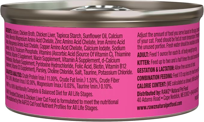 Rawz Natural Premium Shredded Canned Cat Wet Food - Grain Free Made with Real Meat Ingredients No BPA or Gums - 3oz Cans - 18 Count (Chicken & Chicken Liver)