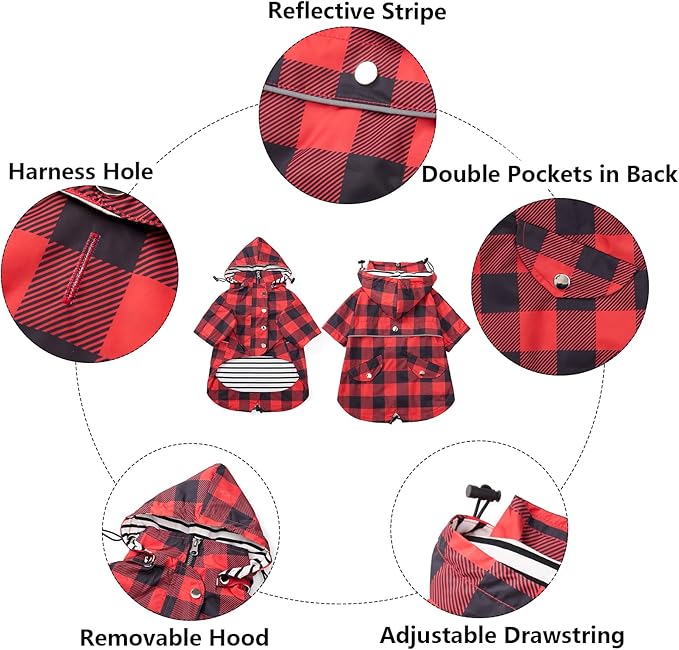 Dog rain Coat Waterproof Raincoat Puppy Jacket with Legs Buttons Zipper Hood Drawstring Fit for Yorkie Terrier Schnauzer Poodle Border Collie Labrador Golden Retriever 8lbs to 80lbs Red S