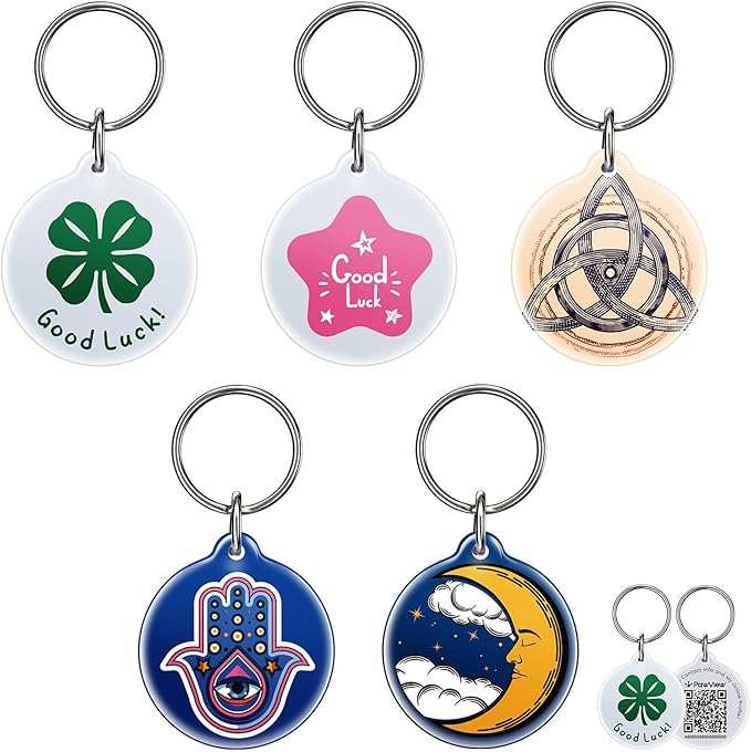 QR Code Pet ID Tags for Dogs & Cats [5-Pack] Luck Charm Design, Waterproof, Smart Personalized Dog Tags with Modifiable Profile & Emergency Contact, QR for Instant Location Alerts