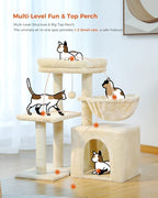 PEQULTI Small Cat Tree, [28.5''] Cat Tower for Indoor Cats, 2 Styles Activity Tree with Cat Scratching Posts, Big Hammock and Removable Top Perch Beige
