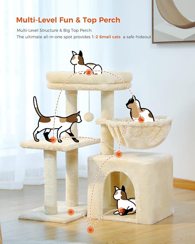 PEQULTI Small Cat Tree, [28.5''] Cat Tower for Indoor Cats, 2 Styles Activity Tree with Cat Scratching Posts, Big Hammock and Removable Top Perch Beige
