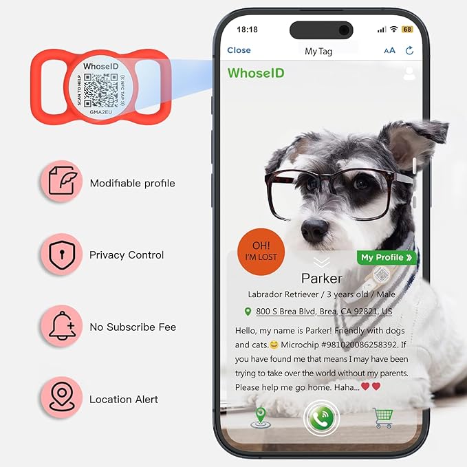 QR Code Dog Tag with NFC, Personalized Pet ID Tag, Silent Silicone Dog ID Tag, Modifiable Pet Online Profile, Multiple Emergency Contact, Scan QR Code Send GPS Location Email (Regular Red)