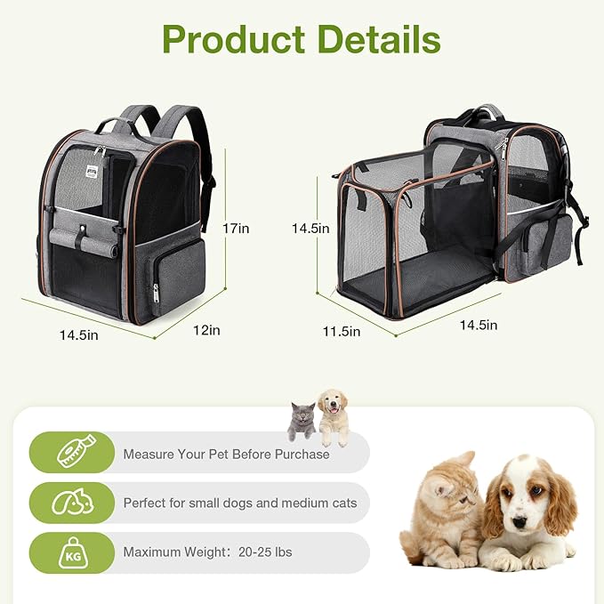 Lekebobor Extra Large Cat Backpack Carrier Expandable Pet Carrier Backpack for Small/Medium Dogs and Medium/Large Cats, Grey