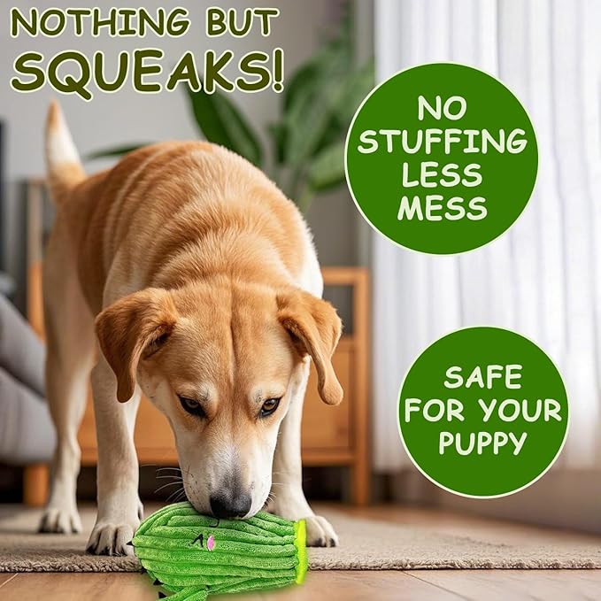 No Stuffing 3 Pack Squeaky Dog Toys- 2 in 1 Interactive Plush Dog Toy- Cactus Shaped Rip and Reveal Toy for Puppies- Perfect for Indoor & Outdoor Play- Training & Toss & Play