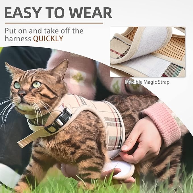 PUPTECK Soft Mesh Cat Vest Harness and Leash Set Puppy Padded Pet Harnesses Escape Proof for Cats Small Dogs Rabbits Bunny, Plaid Beige, M