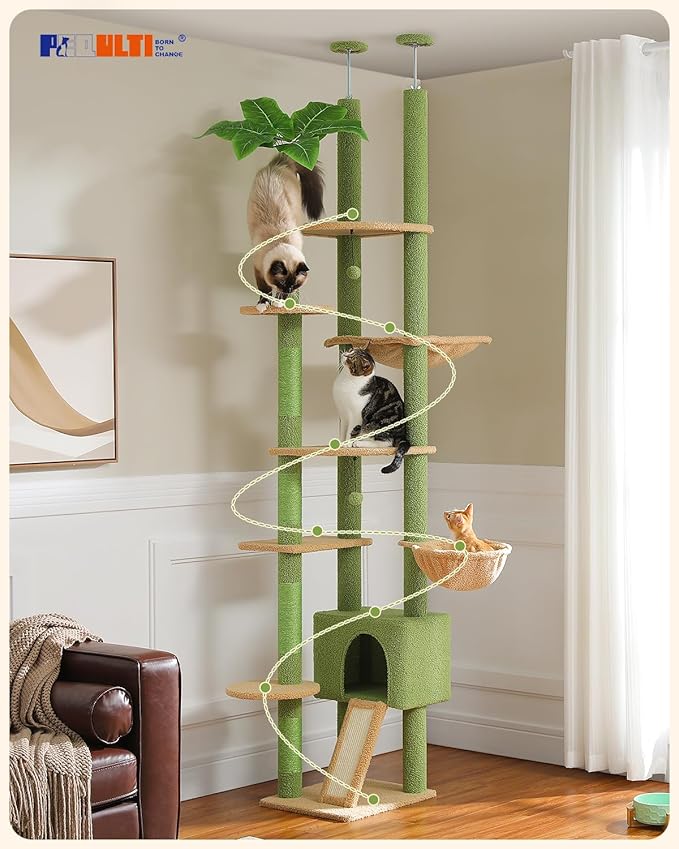 PEQULTI Tall Cat Tree, Floor to Ceiling Cat Tree Tower Adjustable [90.5''-100.4''=230-252CM] with Cat Condo, Cat Hammock and Scratching Post, Climbing Tree for Indoor Large Cats, Green
