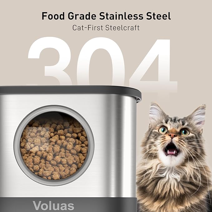 VOLUAS Automatic Cat Feeders for Two Cats,Stainless Steel 5L Pet Feeder for Cats and Dogs Timed Cat Feeder Pet Dry Food Dispenser, Silver Black
