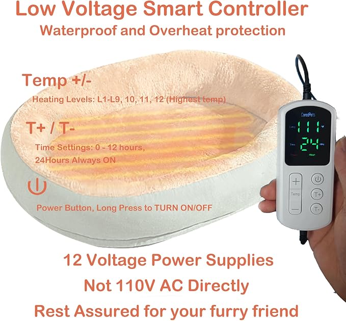 Heated Cat Bed Indoor w/ 12V Electric Heating Pad, Thermal Warming Heated Pet Bed with Adjustable Temperature & Timer