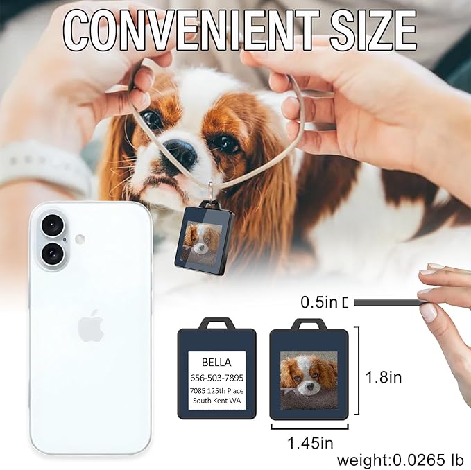 Smart Pet Tag with E-Ink Screen – Personalized Info & Image Display – Waterproof, Durable, No Subscription – Easy Update via Free App – Tap to Switch Hidden Contact & Image – for Dogs & Cats