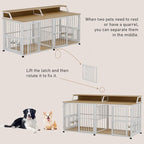 Dog Crate Furniture for 2 Dogs, 72" Extra Large Double Dog Cage Large Breed, XXL Thick Wooden Dog Crate with Storage Rack, Sturdy Dog Kennel with Removable Divider (Nature Wood & White)