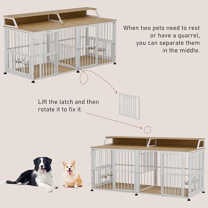 Dog Crate Furniture for 2 Dogs, 72" Extra Large Double Dog Cage Large Breed, XXL Thick Wooden Dog Crate with Storage Rack, Sturdy Dog Kennel with Removable Divider (Nature Wood & White)