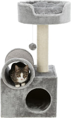TRIXIE Tolar Cat Scratching Post 31.5 Inch - with Durable Sisal Rope and Tunnel, Condo, Platform with Removable Cushion & Dangling Cat Toy - in Gray