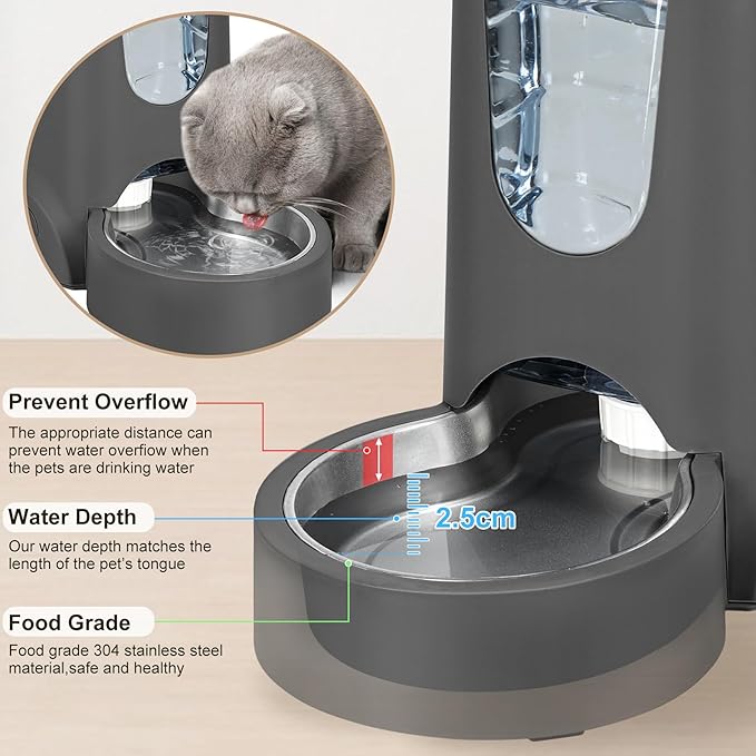 2 Pack Automatic Cat Feeder and Stainless Steel Water Dispenser, Gravity Dog Waterer Set Food Feeder and Waterer Set for Small Medium Kitten Puppy Pets(1 Gallon x 2, Charcoal Gray)