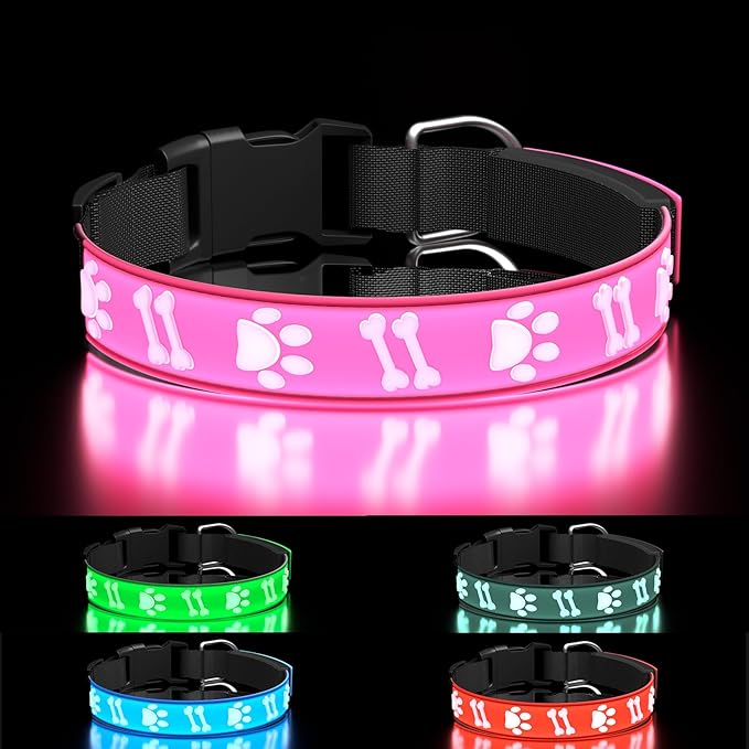 Light Up Dog Collar, 3D Design Adjustable Dog Collars 15 Glowing Modes Rechargeable Night Walk Safety Collar for Small Dogs, Pink