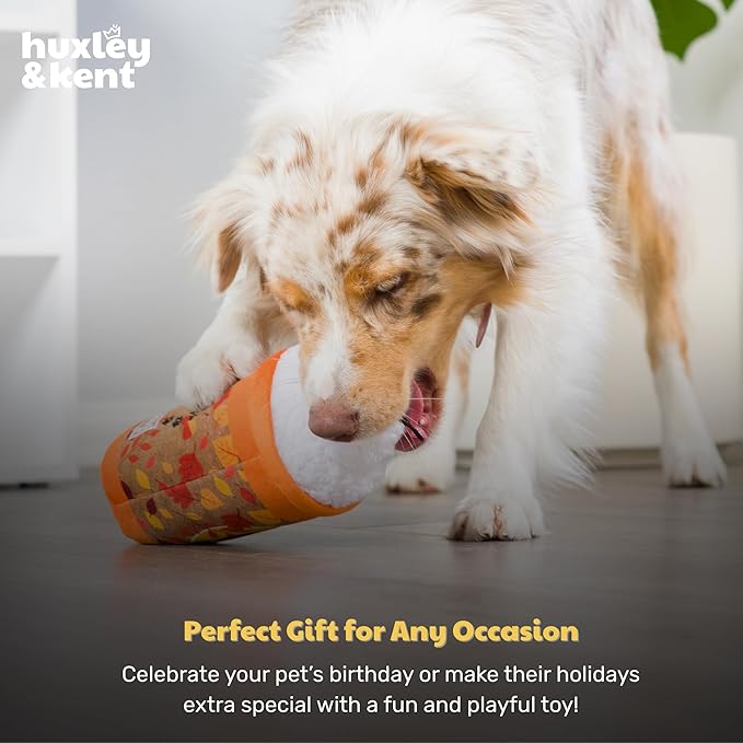 Huxley & Kent Funny Dog Toy w/Squeaker – Fall Power Plush Squeaky Dog Toys for Small, Medium & Large Dogs – Soft Stuffed Animal for Indoor Play & Fetch - Puggin Spice Latte, Small