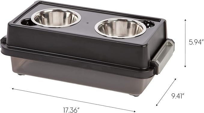 IRIS USA 2-in-1 Elevated Dog Bowls 6" H with Airtight Pet Food Storage Container Holds Up to 5 Lbs, Removable 4 Thick 16 oz Stainless Steel Bowls, at Home or Camping Pet Dish Bowl Set, Smoke/Black