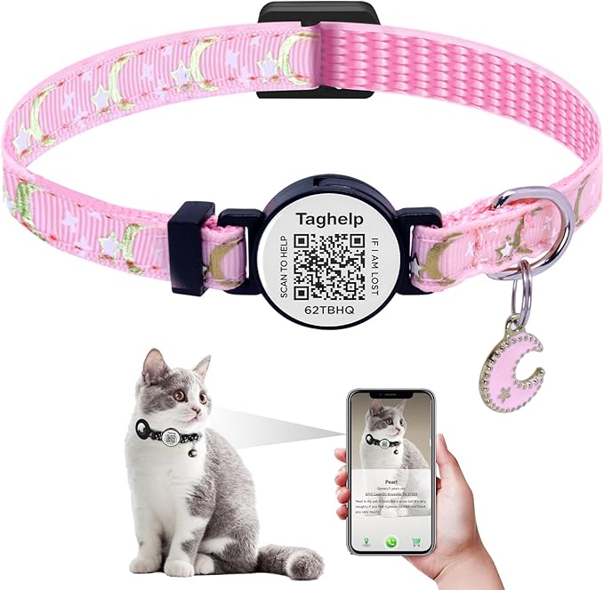 Anti-Lost Breakaway Cat Collar with QR Code Tag, Stars and Moon Safety Kitten Collar with Free Lifetime Online Pet ID Profile, Adjustable, Lightweight, Durable (Pink)