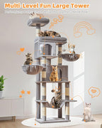 Taoqimiao Cat Tree, 77-Inch Cat Tower for Large Cats Multi-Level Cat Condos for Indoor Cats with 2 Condos, Extra-Lagre Platform, 2 Hanging Baskets, Hammock, 8 Scratching Posts, MS044W Light Gray