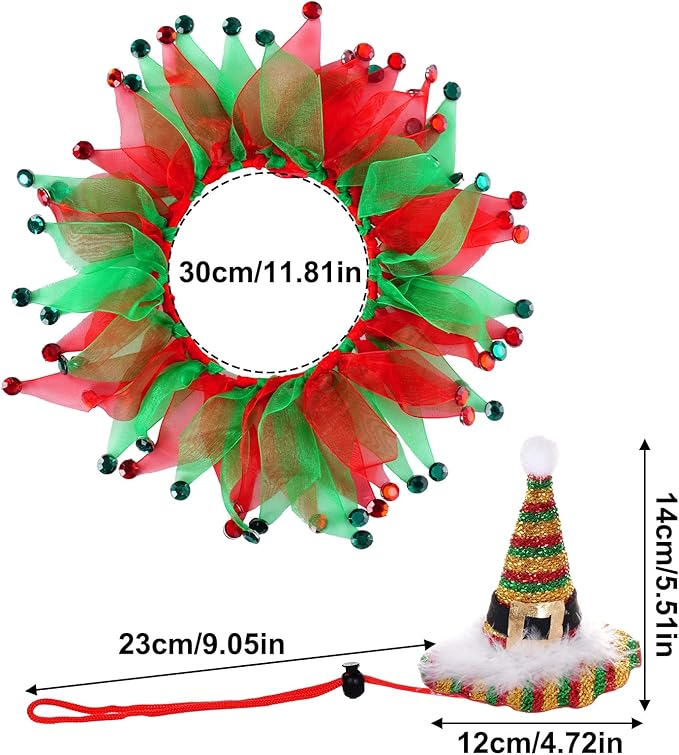 2Pcs Dog Shiny Christmas Hat and Tutu Collar Set, Pet Cats & Small Dogs Christmas Outfit Costume for Xmas Holiday Birthday Party