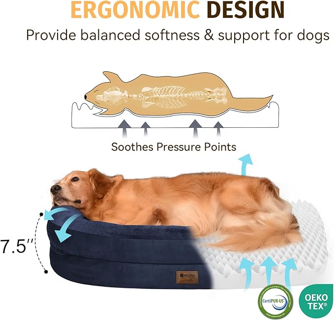 Orthopedic Waterproof Large Dog Bed: Memory Foam Washable Dog Bed with Bolsters - XXL Orthopedic Removable Cover for Medium Large Sized Pet - Non-Slip Bottom - Navy