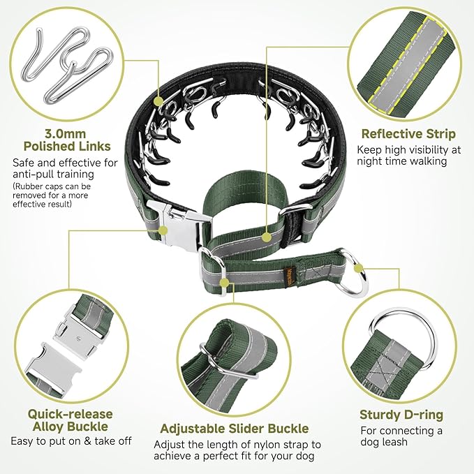 Mayerzon Martingale No Pull Collar for Large Medium Dogs, Patented Dog Walking Training Collar for Pulling, 1.5'' Wide Alloy Buckle, Neoprene Padded, Adjustable, Reflective, Easy to Use(L, Green)
