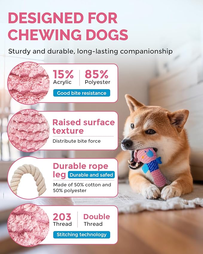 Squeaky Dog Toys for Medium Dogs - Durable Dog Toys for Aggressive Chewers to Keep Them Busy - Interactive Plush Chew Toy with Squeaker for Training Reward & Gift - Pink