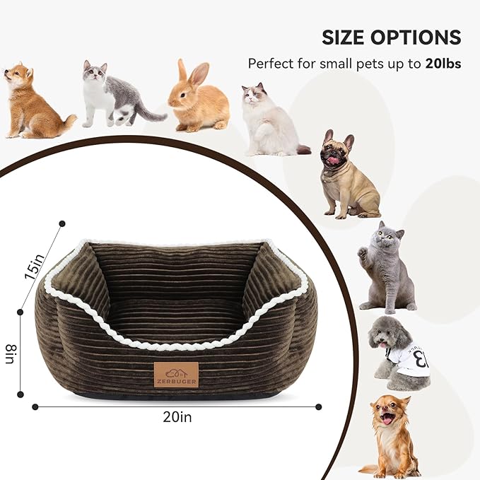Cat Dog Bed for Pets, Rectangle Pet Bed Gift for Puppy and Kitten, Machine Washable Calming Fluffy Pet Couch Sofa for Indoor Outdoor, Portable Soft Cat Bed with Non-Slip Bottom (Small, Brown)