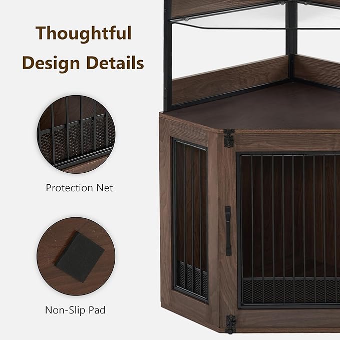 MCombo Small Corner Dog Crate Furniture with Glass Shelves, Wooden Dog Kennel Furniture with Door, Pet Crate Indoor Use, CN17 (Brown)