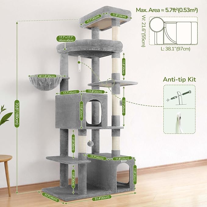 Globlazer Expandable Cat Tree Tower, 70in Tall Sturdy Cat Tree for Indoor Cats Large Adult with 2 Spacious Cat Condos, 2 Enlarged Perches, 5 Scratching Posts, Use Alone or Combine, F70E, Light Grey