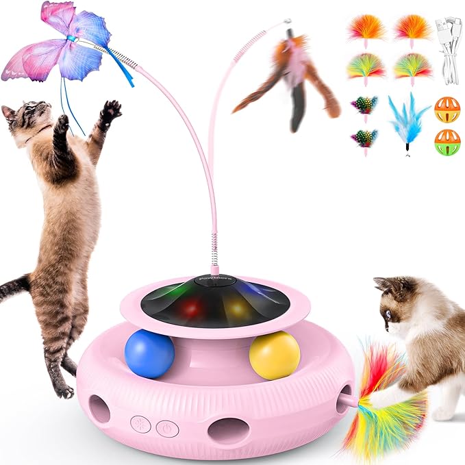 Pawtners Interactive Cat Toy 4 in 1 Automatic Cat Toy for Indoor Cats, Electric Kitten Toy with Rechargeable Battery, Self Play Kitty Toys with Fluttering Butterfly, Track Ball and Feather Pack, Pink
