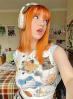 Womens Short Sleeve Cat Graphic Y2k T Shirts Summer Tees Tops for Teen Girls